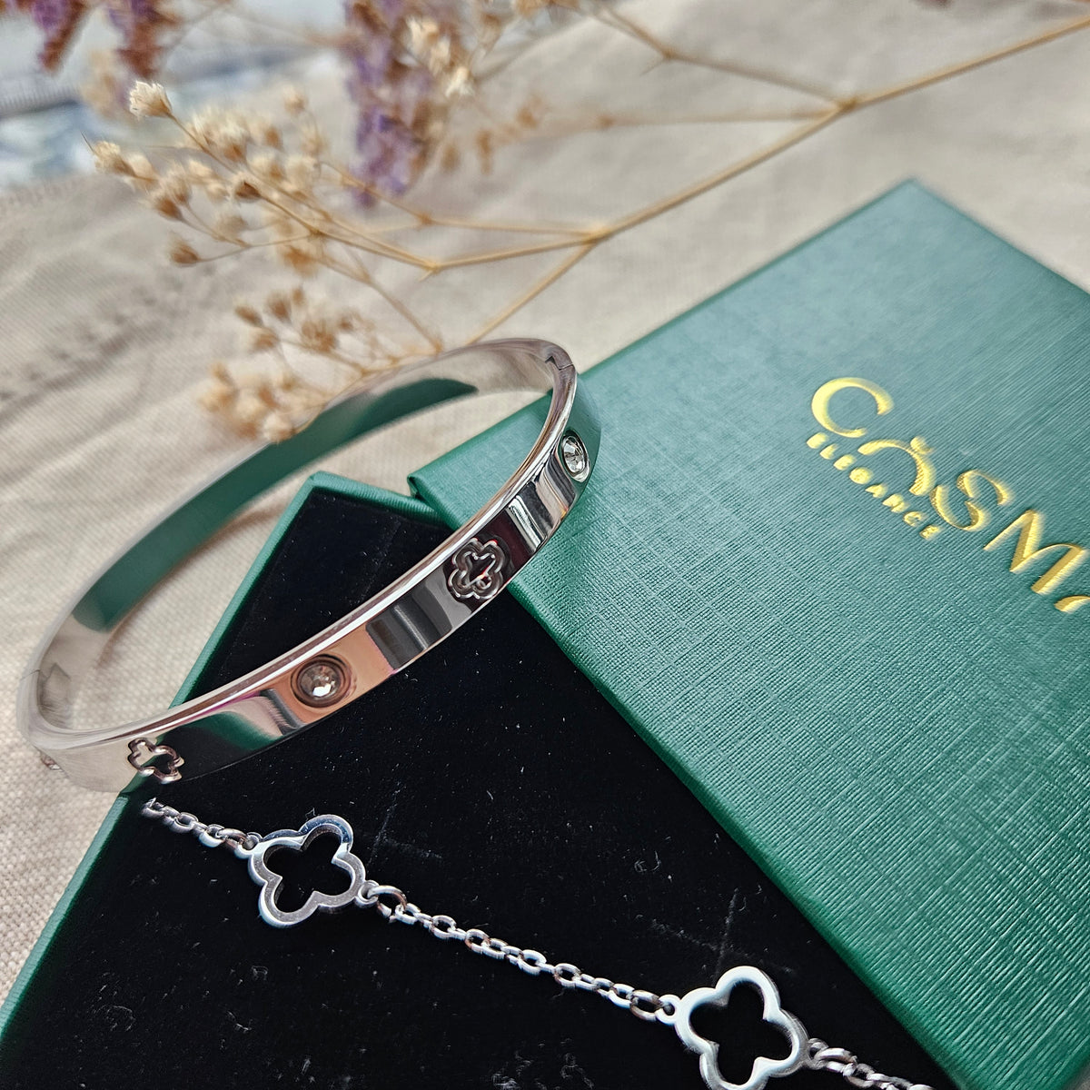 Gold/Silver Clover Bracelet & Bangle Set – Elegant Lucky Charm Adjustable Jewelry