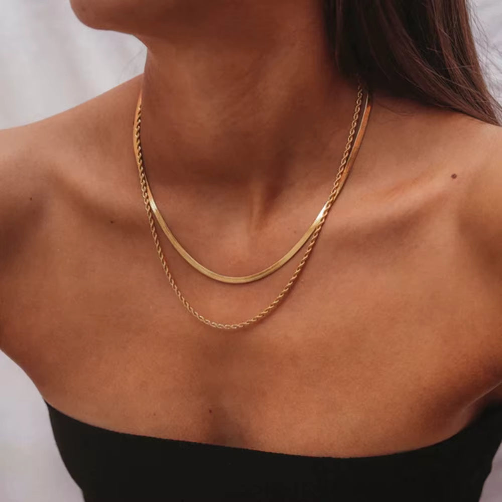 Gold Double Chain Necklace – Herringbone & Rope Layered Design