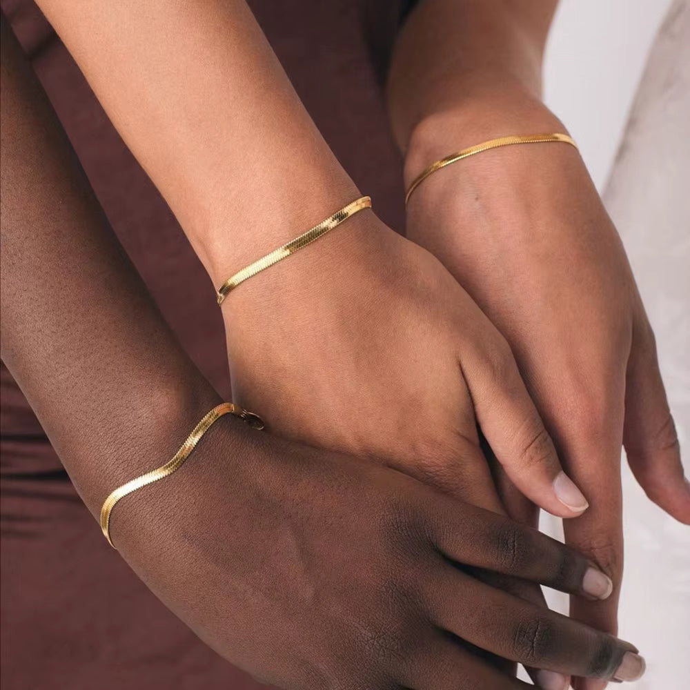 18K Gold Plated Herringbone Bracelet – Minimalist Flat Chain Bracelet for Women