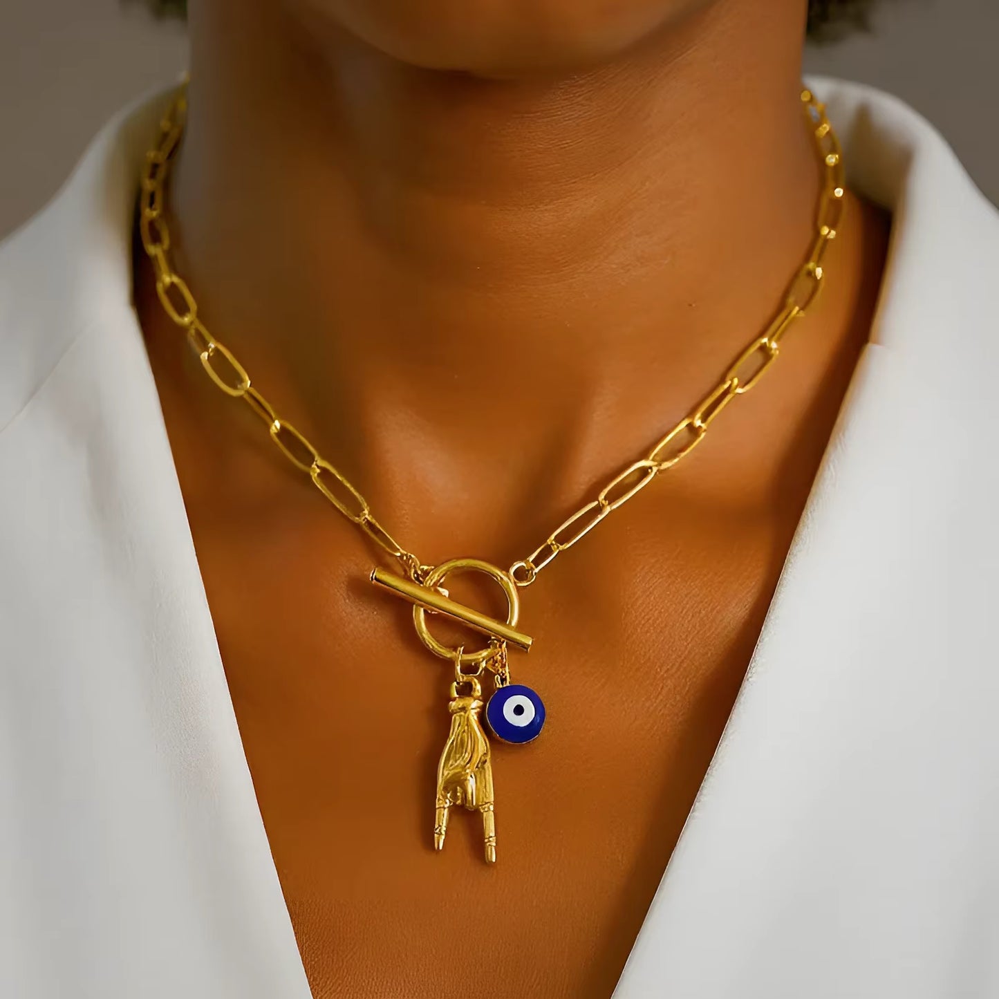 Gold Paperclip Chain Necklace with Evil Eye & Rock On Hand Charms