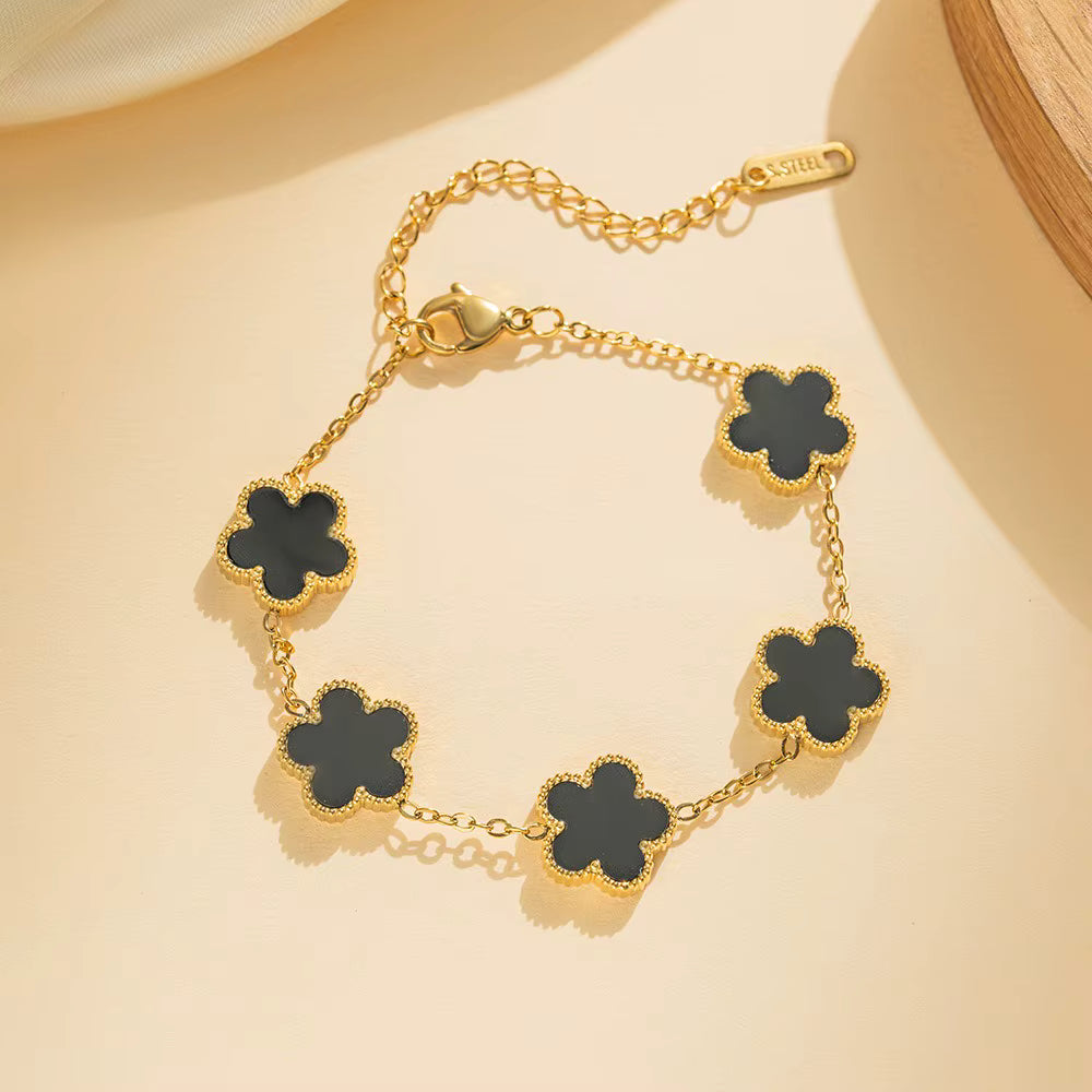 Gold Clover Bracelet – White Flower Charm Stainless Steel Bracelet