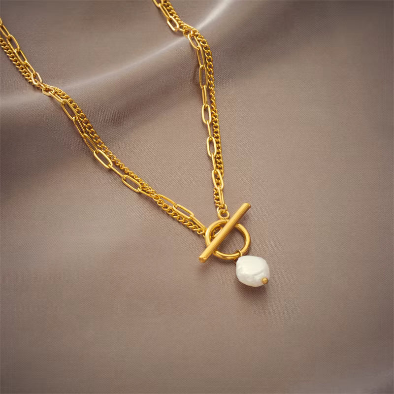 Gold Toggle Pearl Necklace | Layered Link Chain Necklace with Faux Pearl Pendant