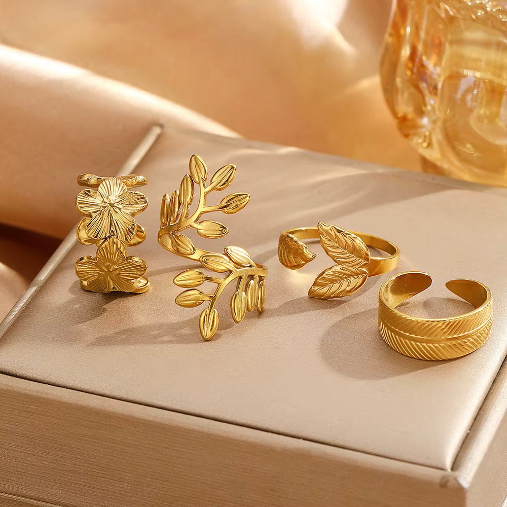 Gold Leaf Adjustable Ring Set – Botanical Nature-Inspired Statement Rings