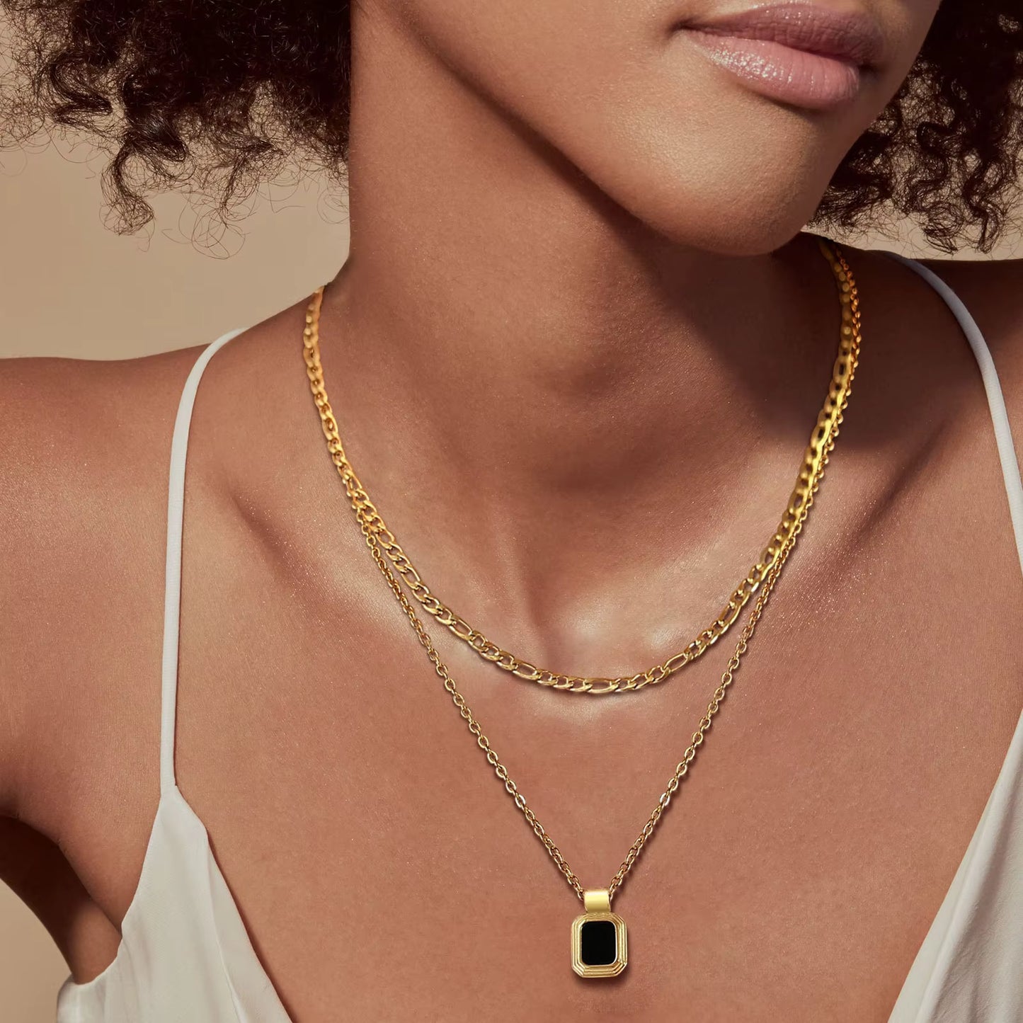 Layered Gold Chain Necklace with Black Pendant – Minimalist Double Chain Statement Necklace