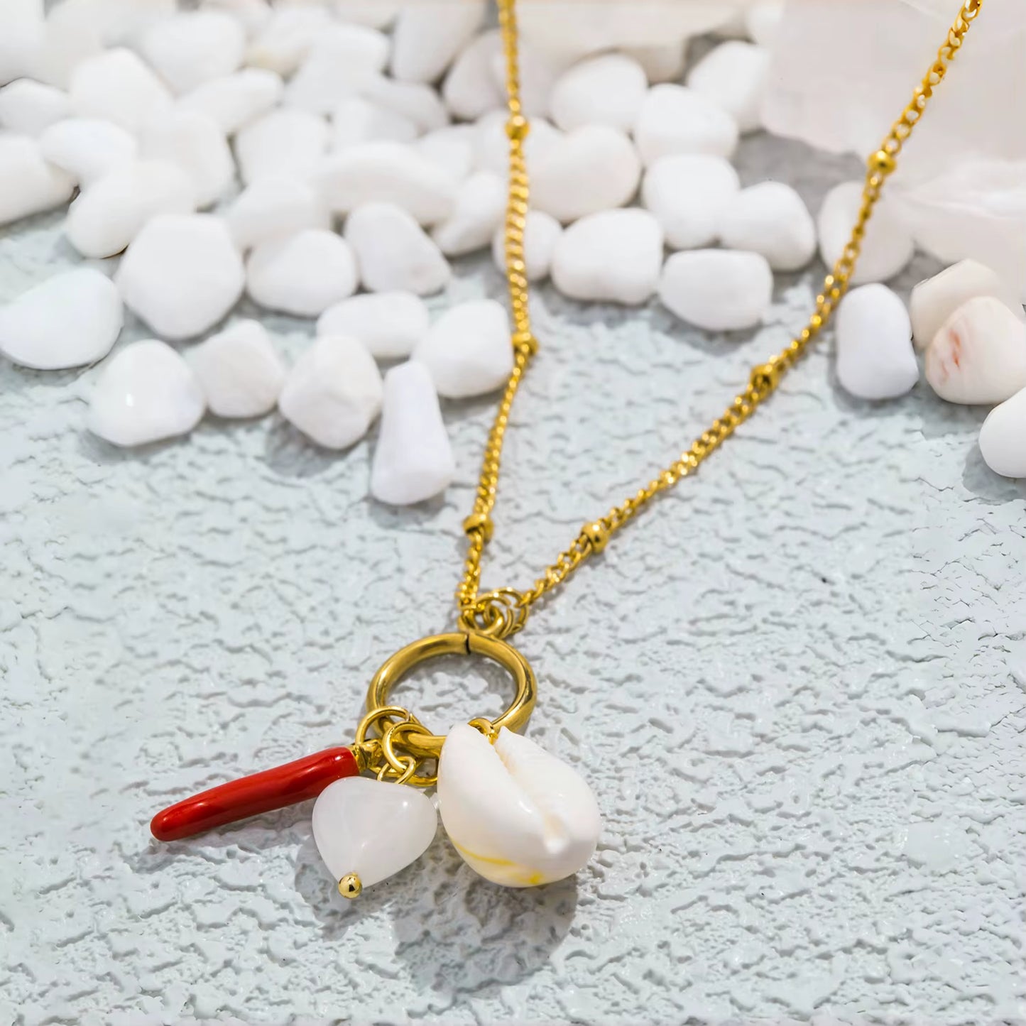 Gold Charm Necklace with Cowrie Shell, Pearl & Red Coral Pendant | Coastal Statement Jewellery