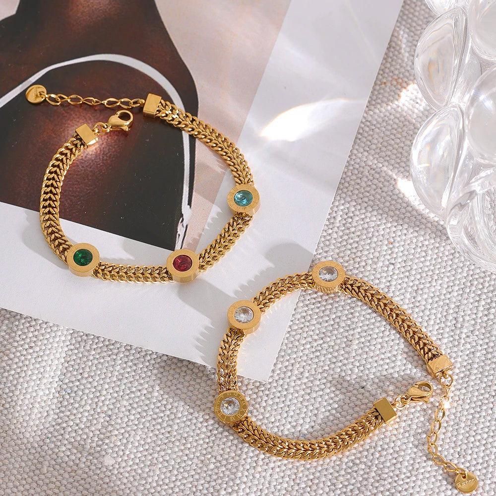 Cuban Chain Bracelet with Multicolour or White Zirconia Charm