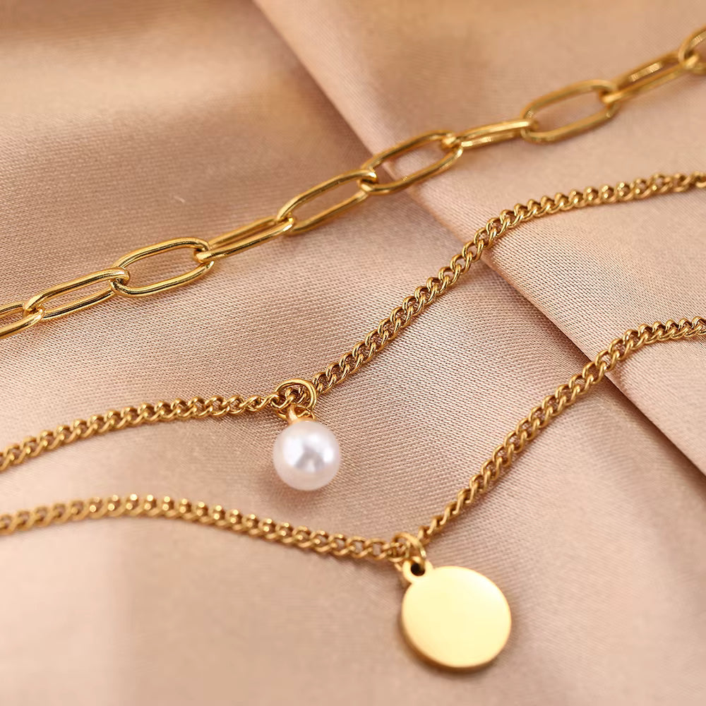 Layered Gold Chain Necklace – Minimalist Paperclip & Coin Pendant Necklace