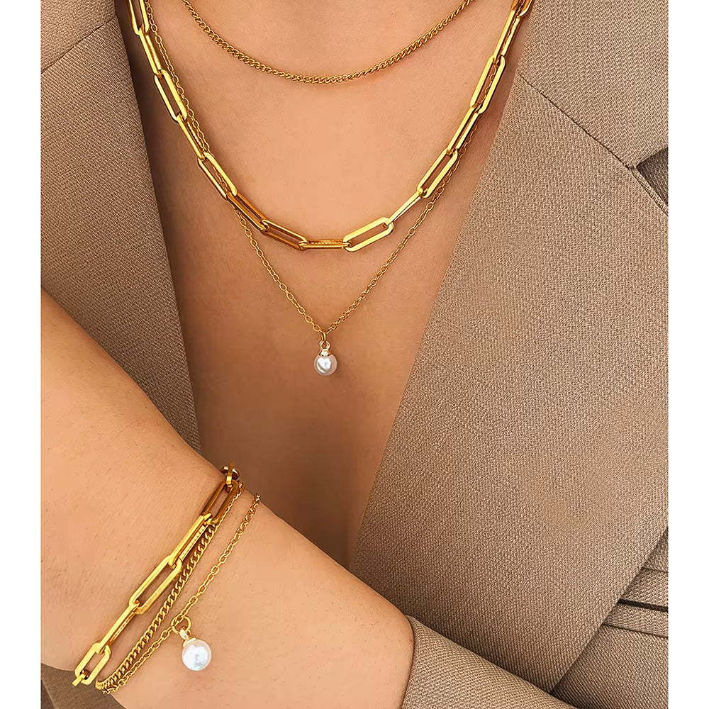 Layered Gold Chain Necklace & Bracelet Set – Paperclip Chain with Pearl Accent