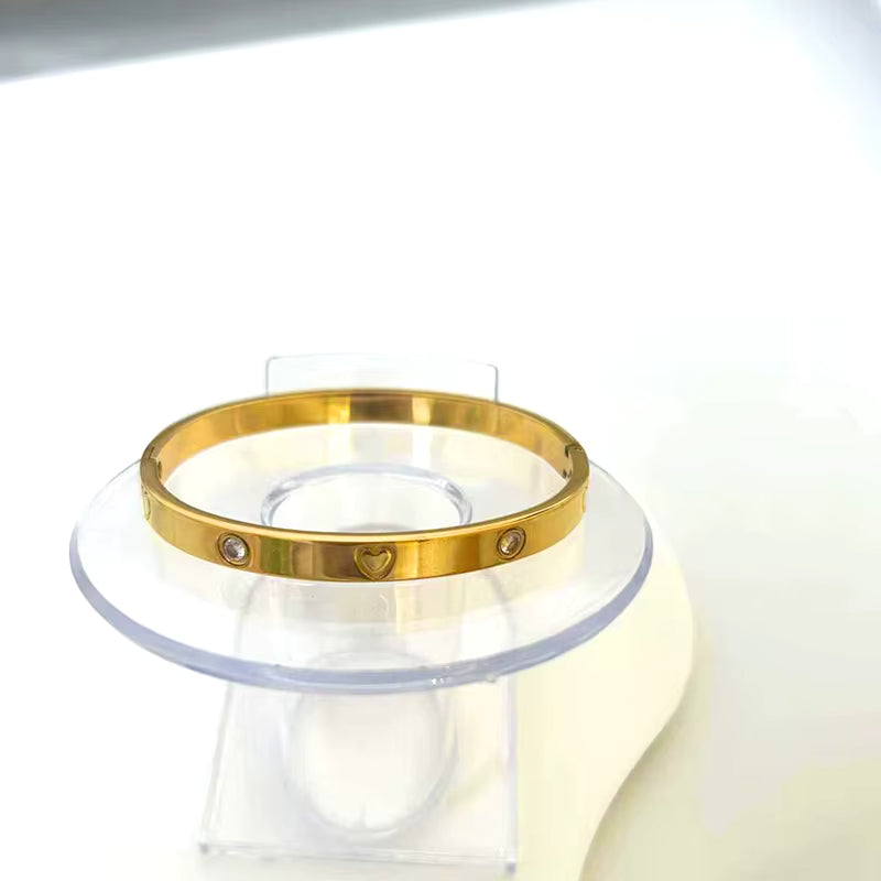 Gold Heart & Crystal Bangle – Minimalist Hinged Bracelet for Women