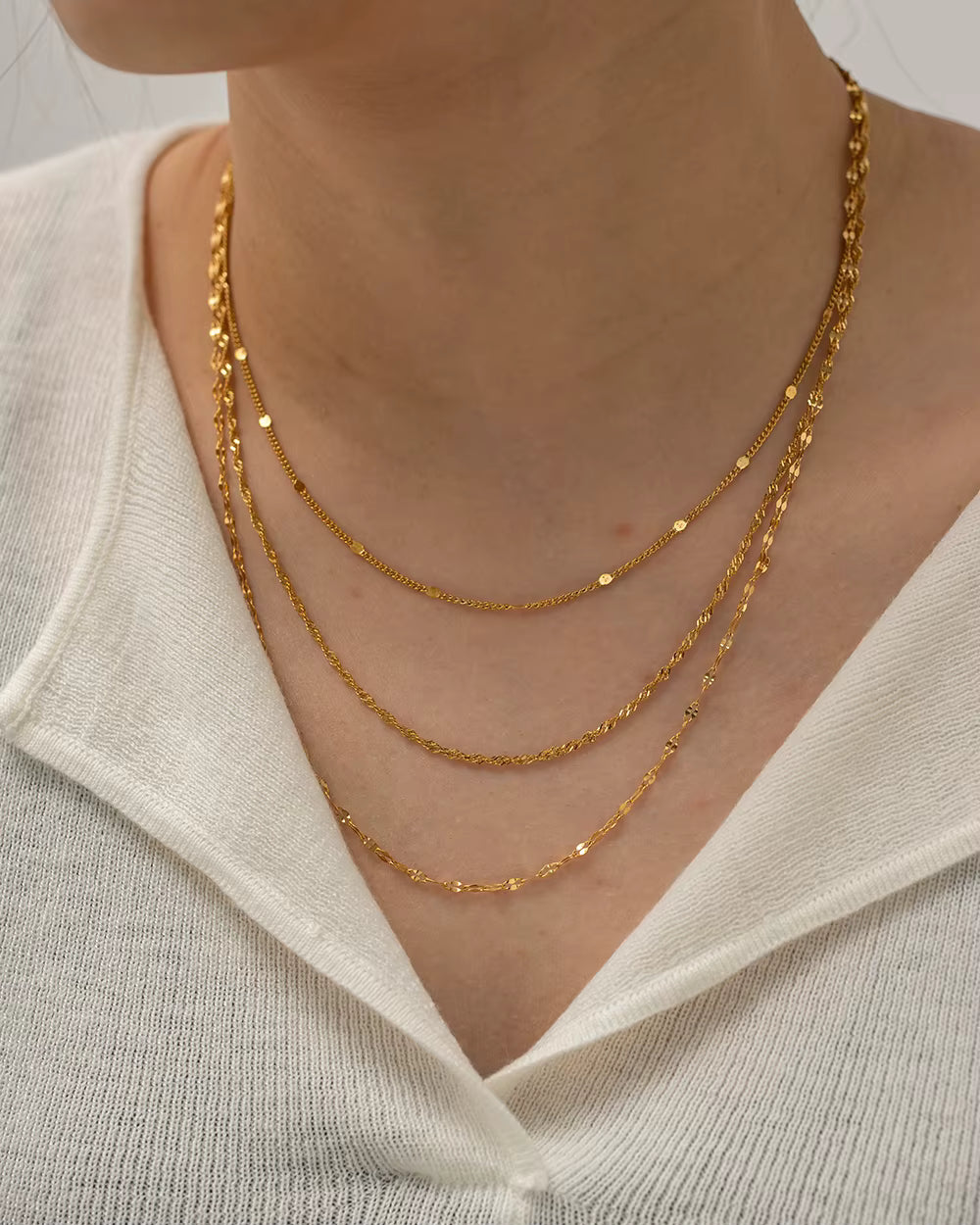 Gold Delicate Layered Chain Necklace – Triple Fine Chain Design