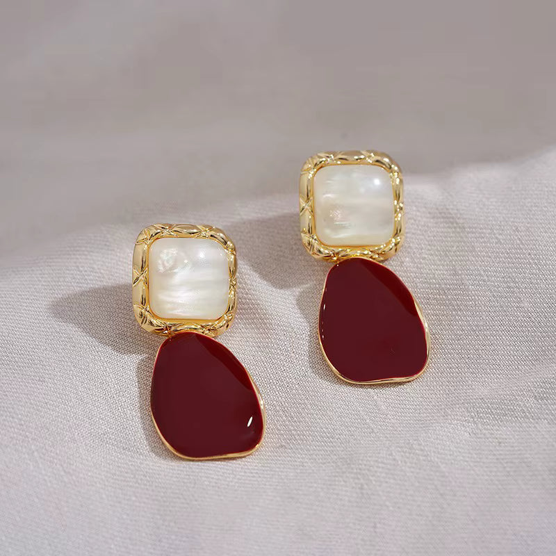 Gold & Burgundy Drop Earrings – Elegant Mother of Pearl Statement Earrings