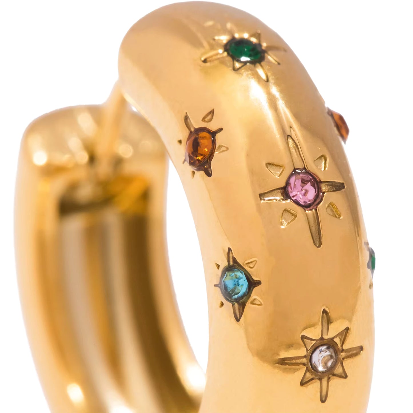 Gold Starburst Hoop Earrings | Chunky Huggie Earrings with Multicoloured Crystal Details