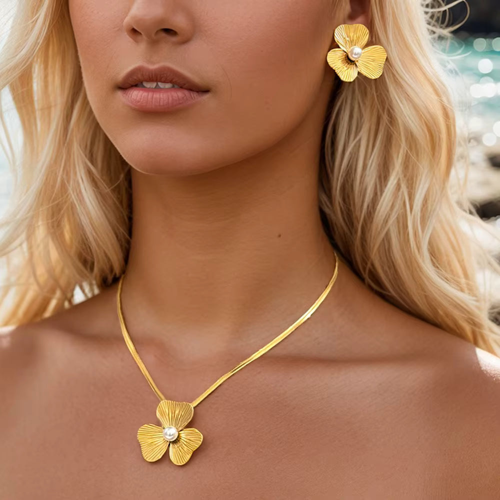 Gold Flower Necklace & Stud Earrings Set with Pearl Detail