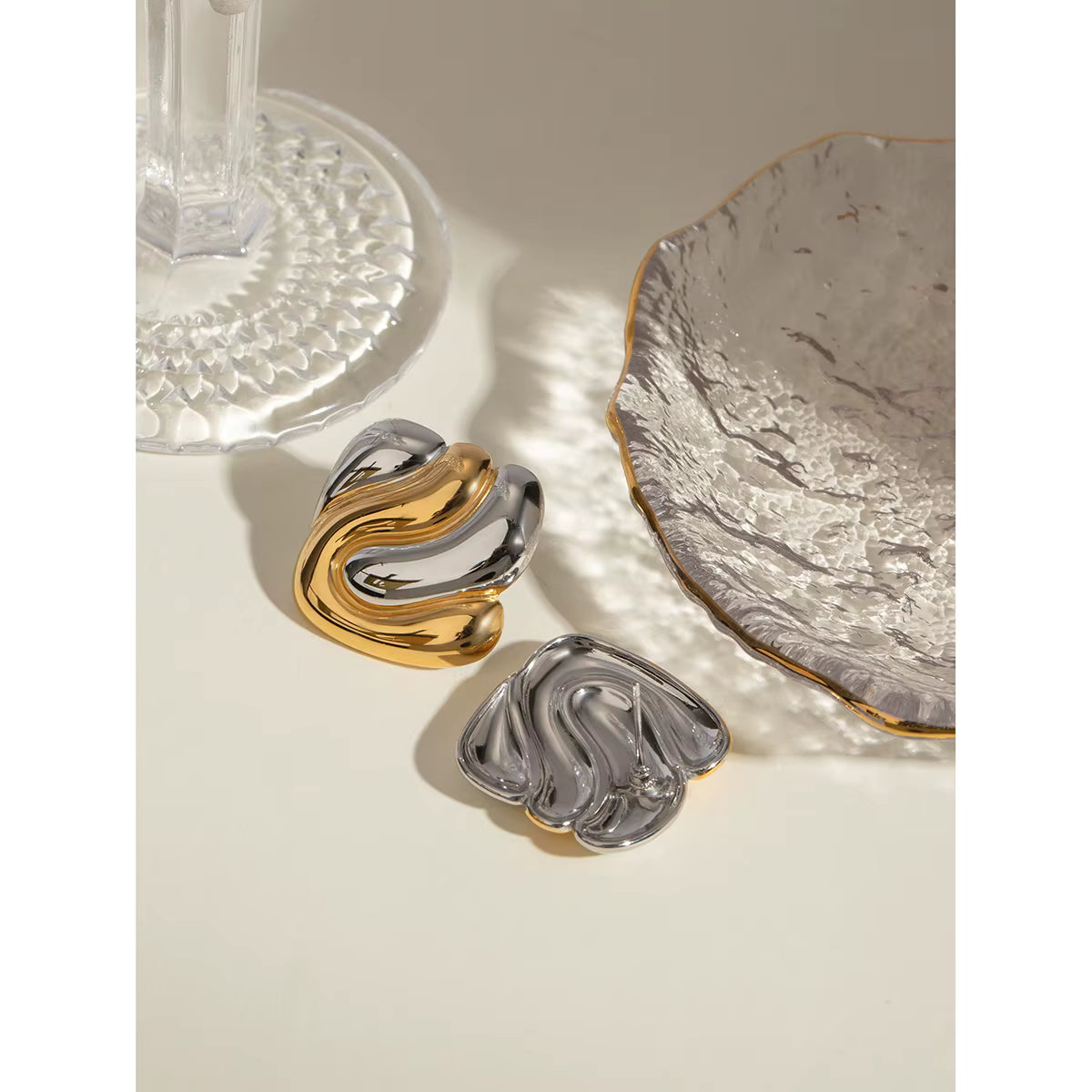 Two-Tone Sculptural Stud Earrings – Gold & Silver Finish