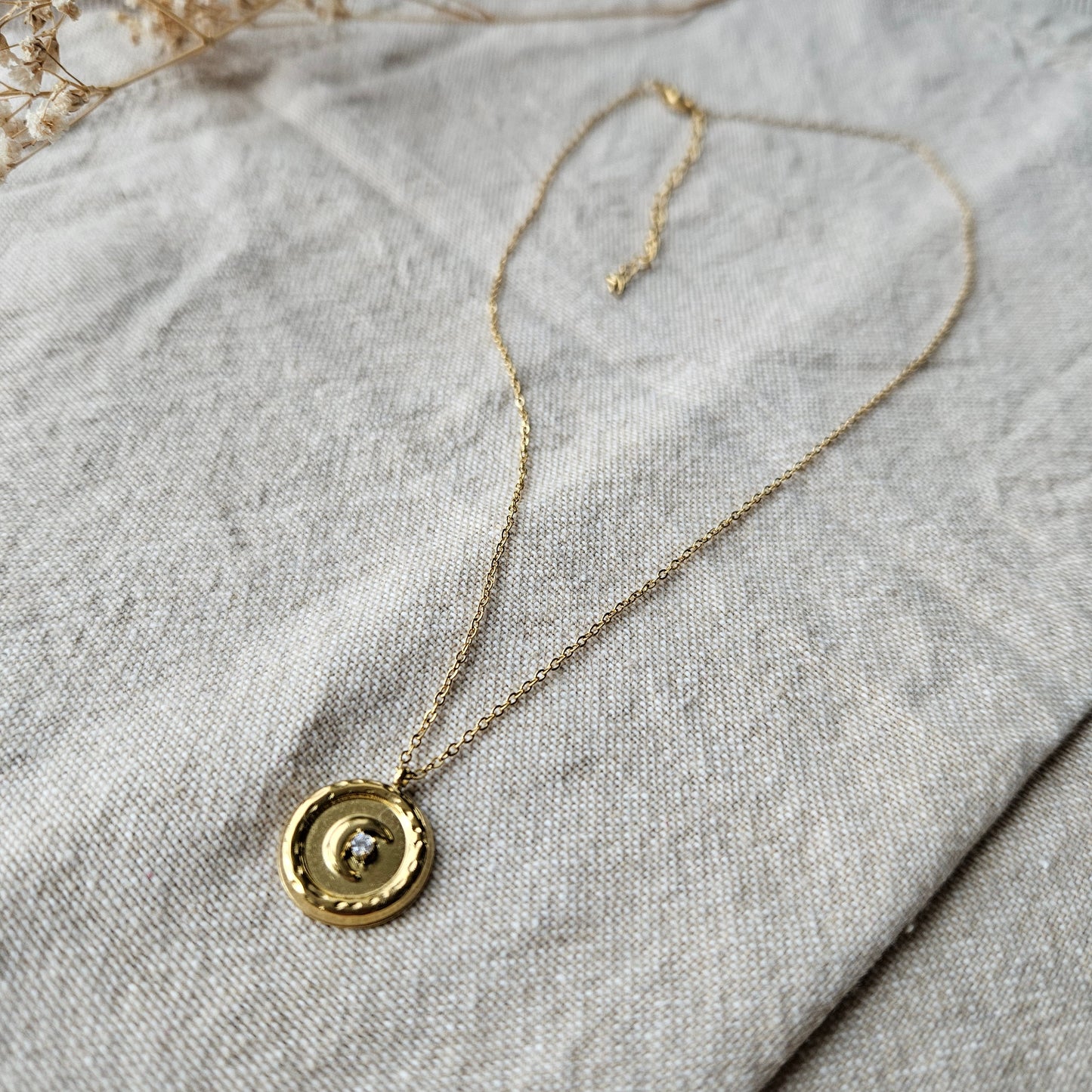 Gold Crescent Moon Pendant Necklace with Crystal Detail