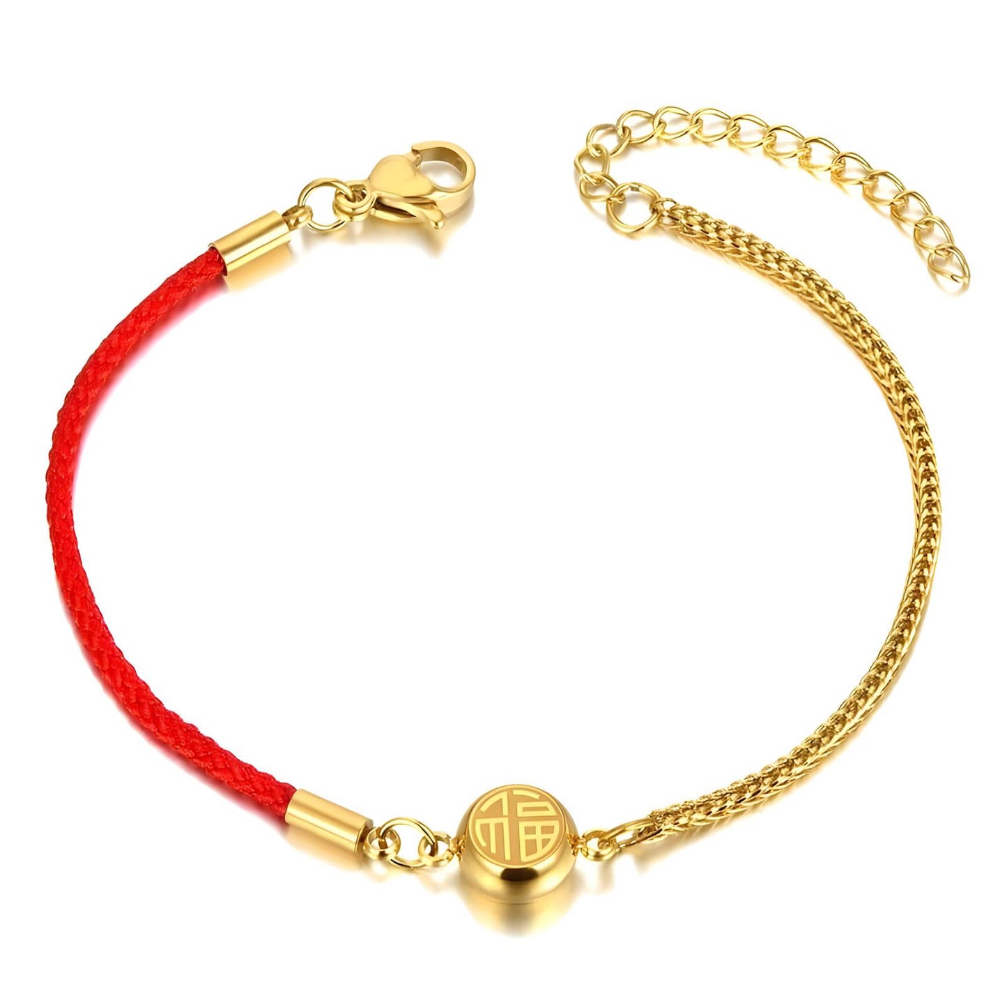 Unified Elegance: 18K Gold Circle on Red Thread and Chain Bracelet