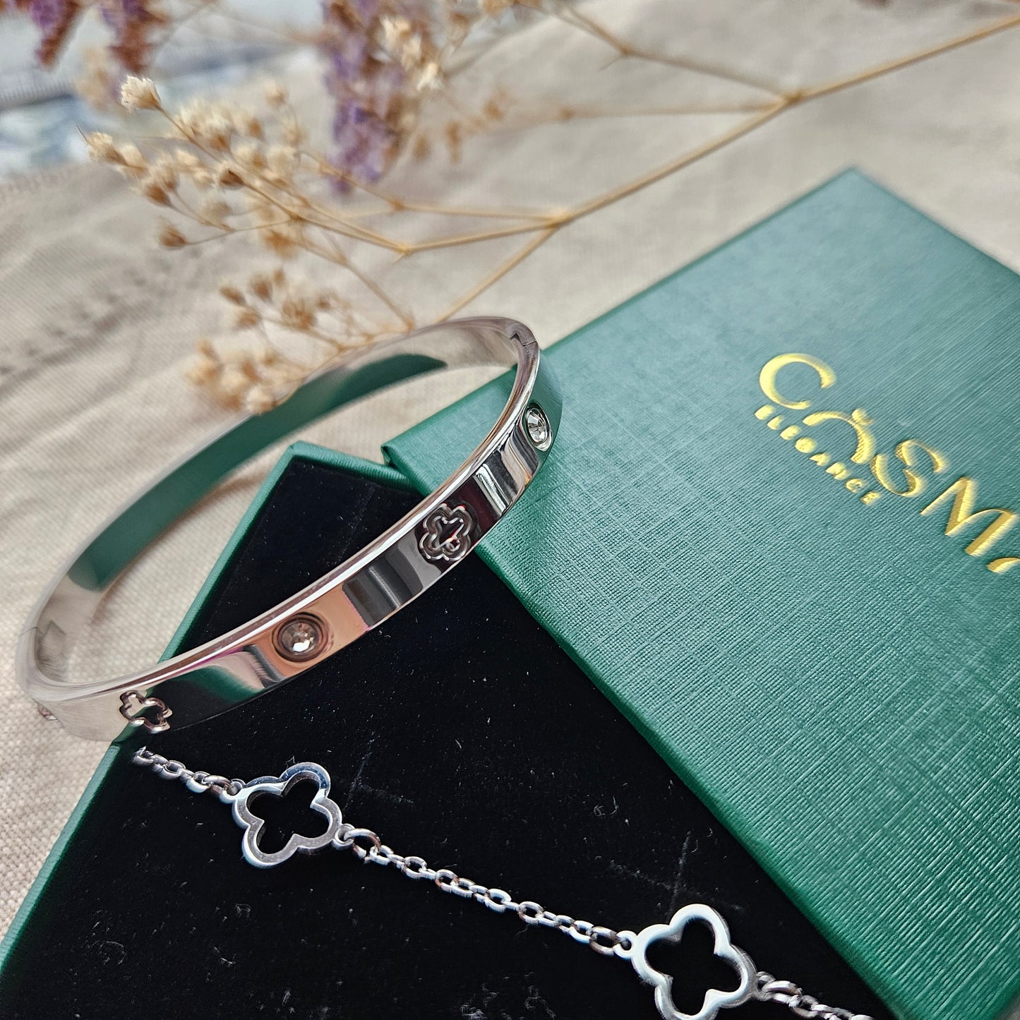 Gold/Silver Clover Bracelet & Bangle Set – Elegant Lucky Charm Adjustable Jewelry