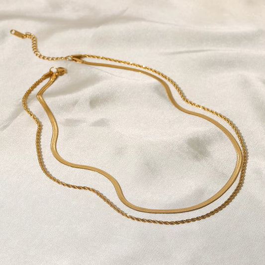 Gold Double Chain Necklace – Herringbone & Rope Layered Design