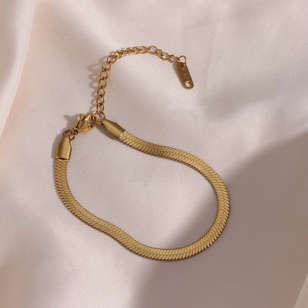 18K Gold Plated Herringbone Bracelet – Minimalist Flat Chain Bracelet for Women