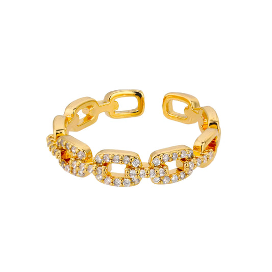 Gold Chain Link Ring with Zirconia Stones – Adjustable Design