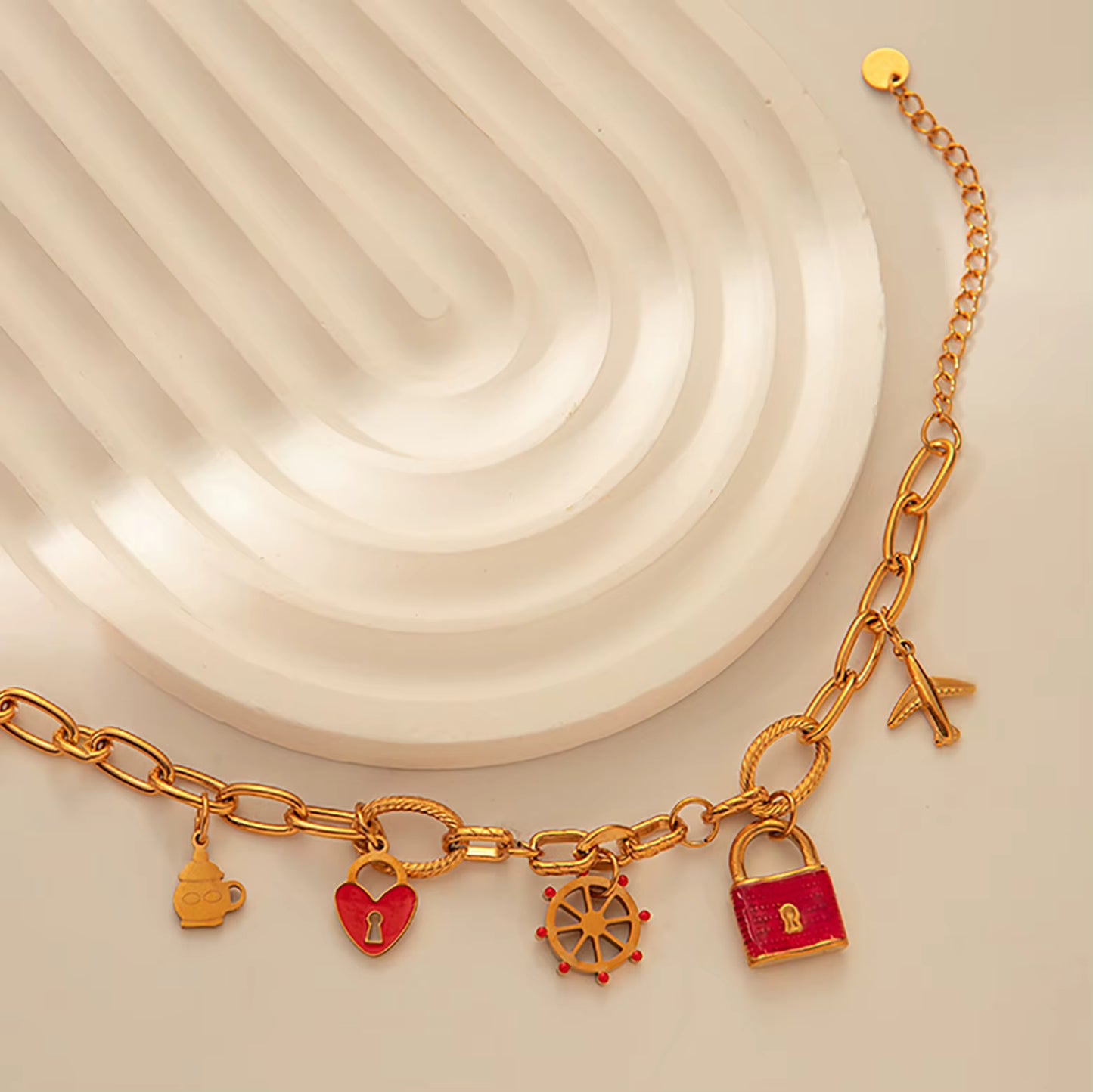 Gold Charm Bracelet with Red Enamel Padlock & Charms