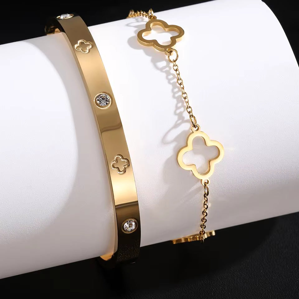 Gold/Silver Clover Bracelet & Bangle Set – Elegant Lucky Charm Adjustable Jewelry