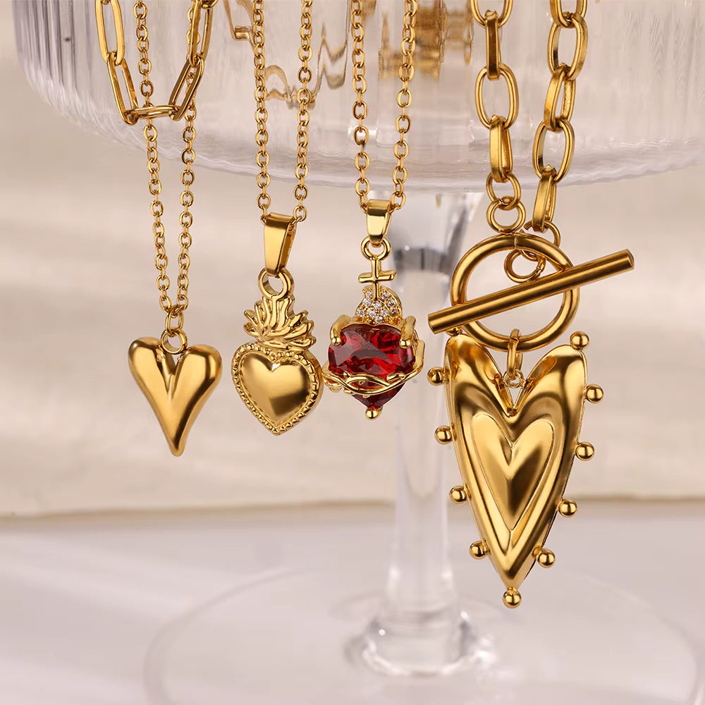 Gold Heart Pendant Necklace with Toggle Clasp & Paperclip Chain
