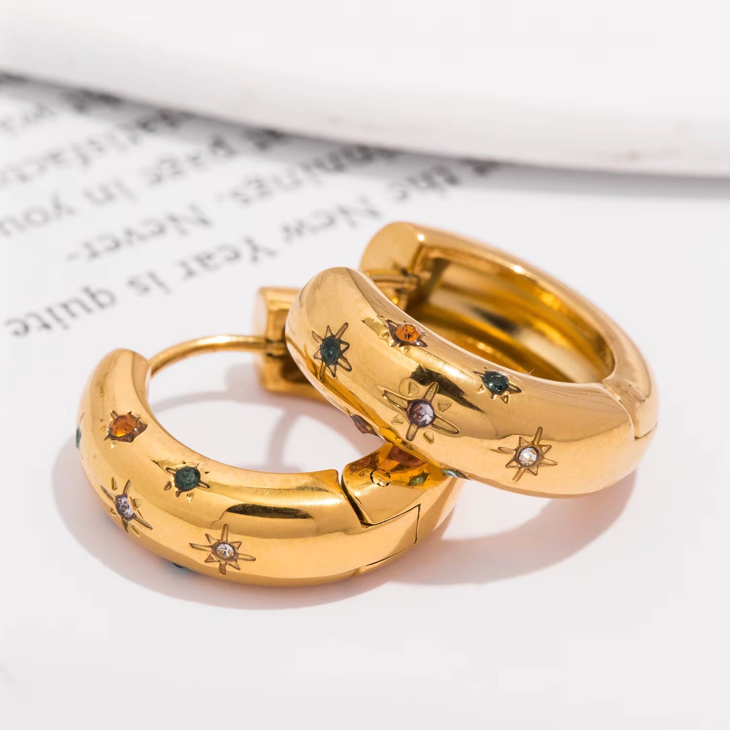 Gold Starburst Hoop Earrings | Chunky Huggie Earrings with Multicoloured Crystal Details