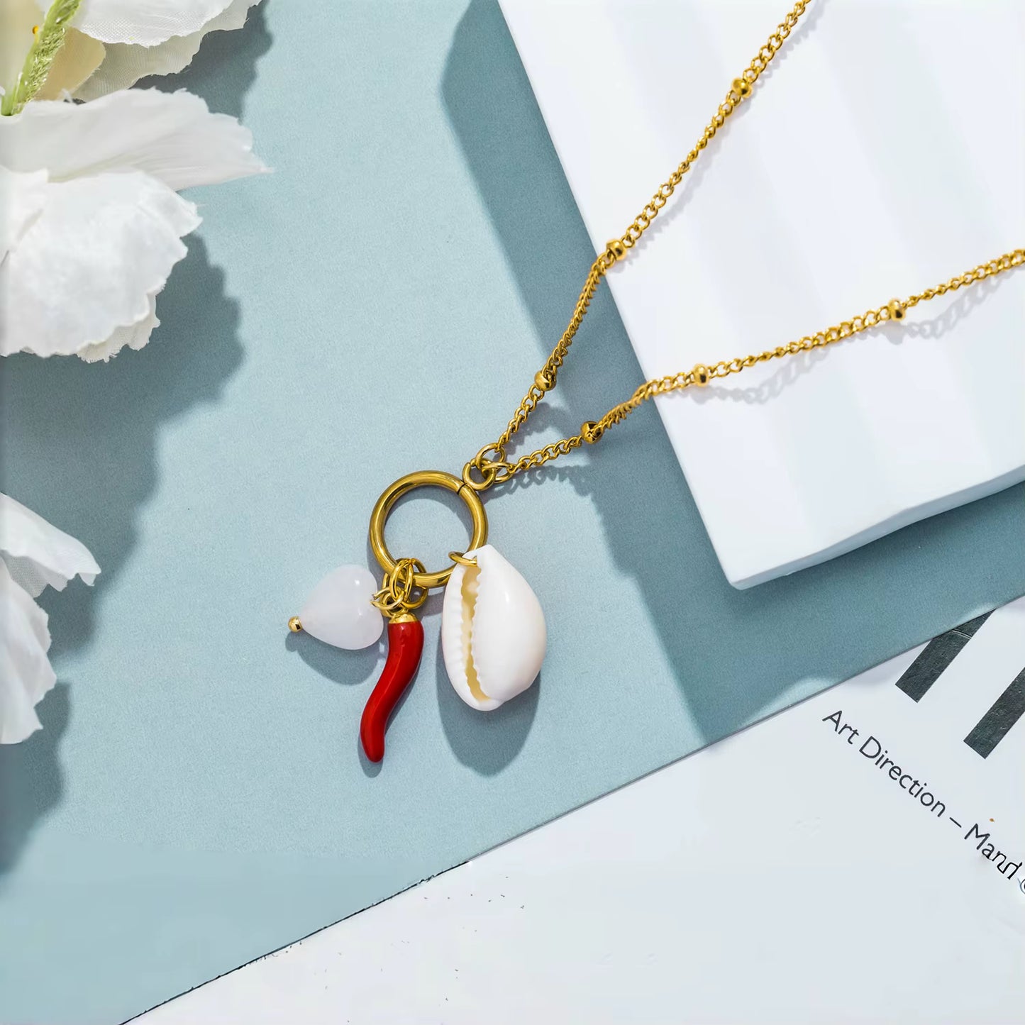 Gold Charm Necklace with Cowrie Shell, Pearl & Red Coral Pendant | Coastal Statement Jewellery