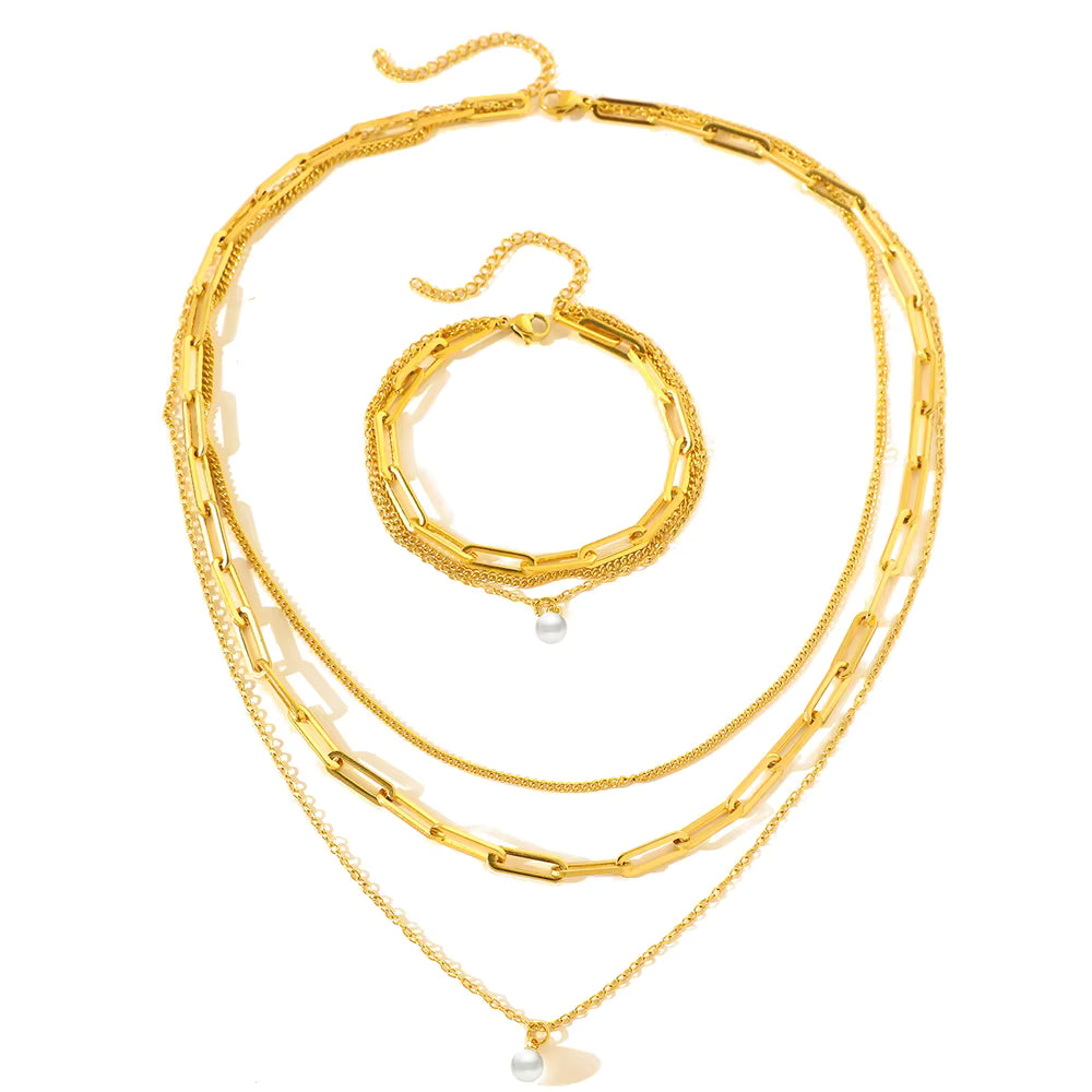 Layered Gold Chain Necklace & Bracelet Set – Paperclip Chain with Pearl Accent