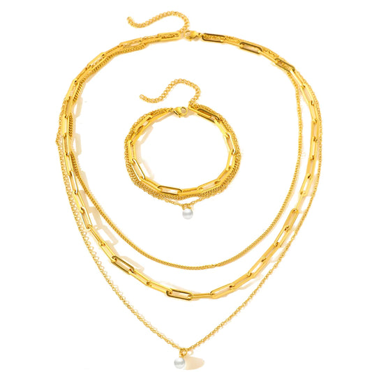Layered Gold Chain Necklace & Bracelet Set – Paperclip Chain with Pearl Accent