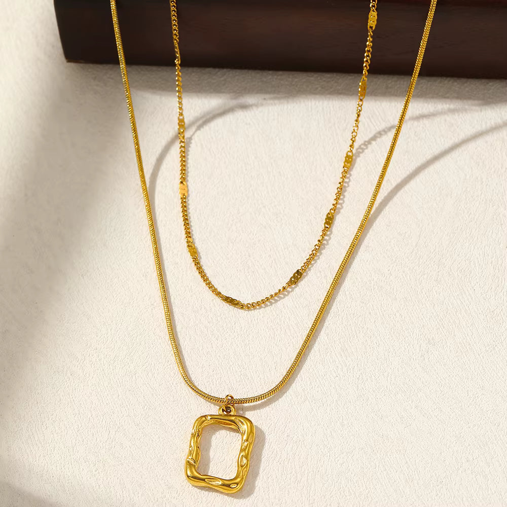 Layered Gold Necklace Set – Rectangular Pendant & Chain Necklace Duo