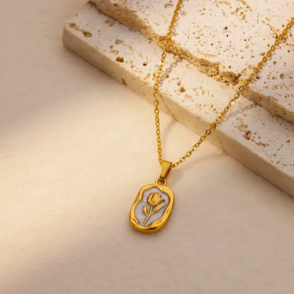 Gold Floral Pendant Necklace with Enamel Detail