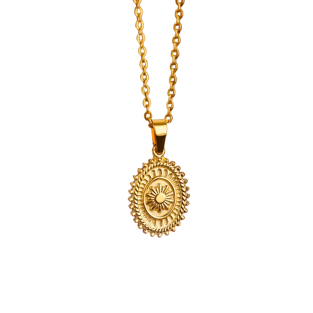 Gold Sun Medallion Pendant Necklace – Vintage-Inspired Design