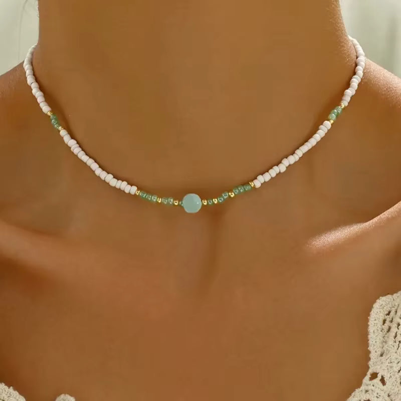 White Beaded Necklace with Green Stone – Minimalist Gold Accent Jewellery