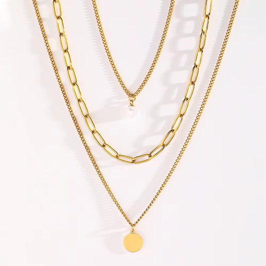 Layered Gold Chain Necklace – Minimalist Paperclip & Coin Pendant Necklace
