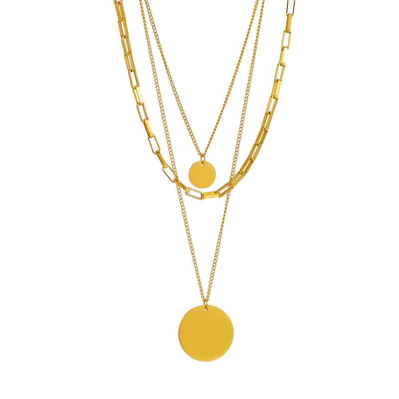 Gold Layered Chain Necklace with Disc Pendants – 3-Layer Design