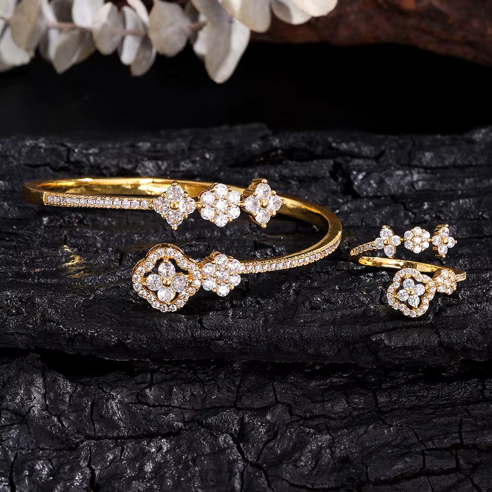 Gold Floral Crystal Bangle & Ring Set – Elegant Diamond-Style Statement Jewellery