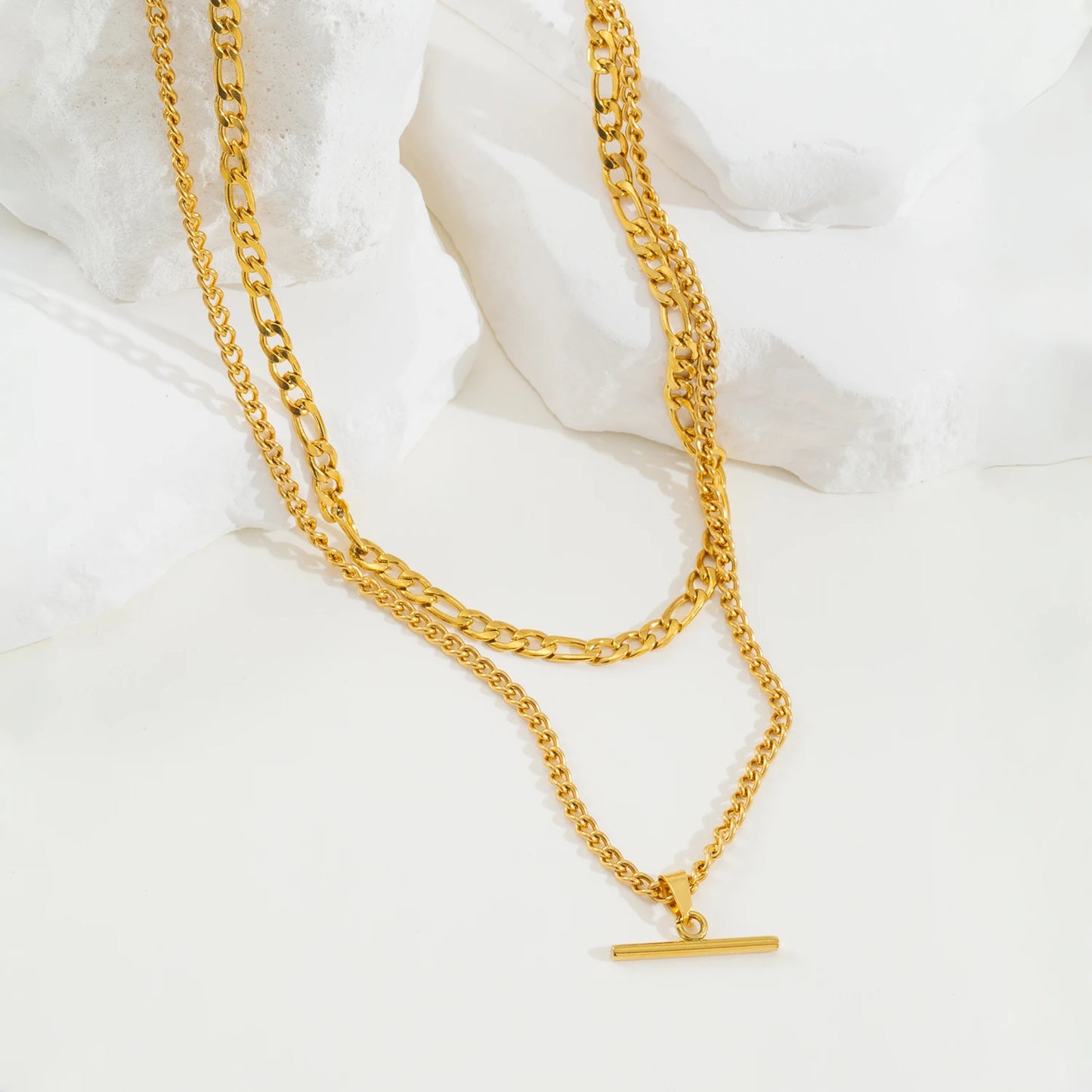 18K Gold Plated Figaro Chain & T-Bar Pendant Double Layer Necklace - Stainless Steel