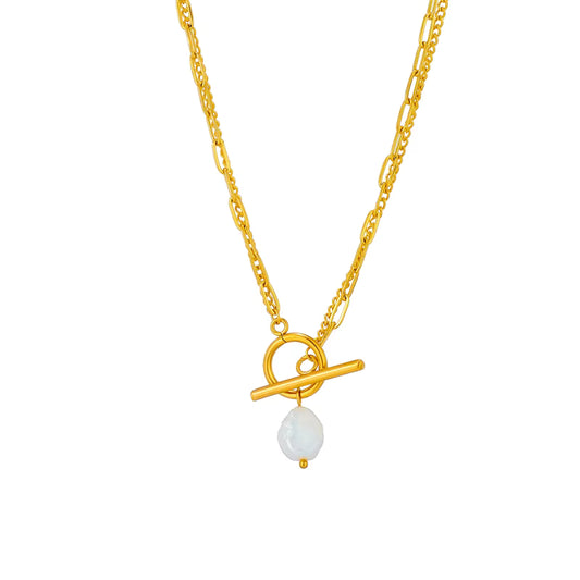 Gold Toggle Pearl Necklace | Layered Link Chain Necklace with Freshwater Pearl Pendant