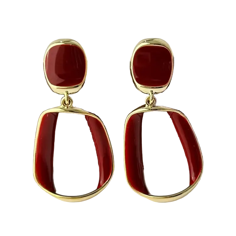Red Resin Gold Drop Earrings – Modern Geometric Statement Dangle Earrings