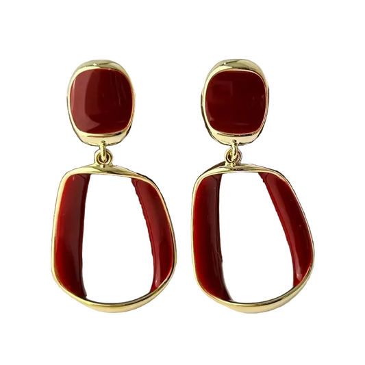Red Resin Gold Drop Earrings – Modern Geometric Statement Dangle Earrings