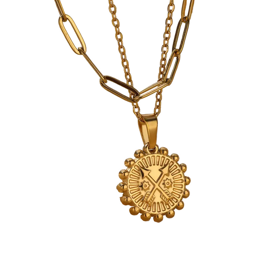 Gold Arrow Medallion Pendant Necklace with Paperclip Chain