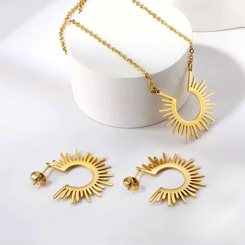 18k Gold Plated Stainless Steel Sunburst Necklace & Hoop Earrings Set