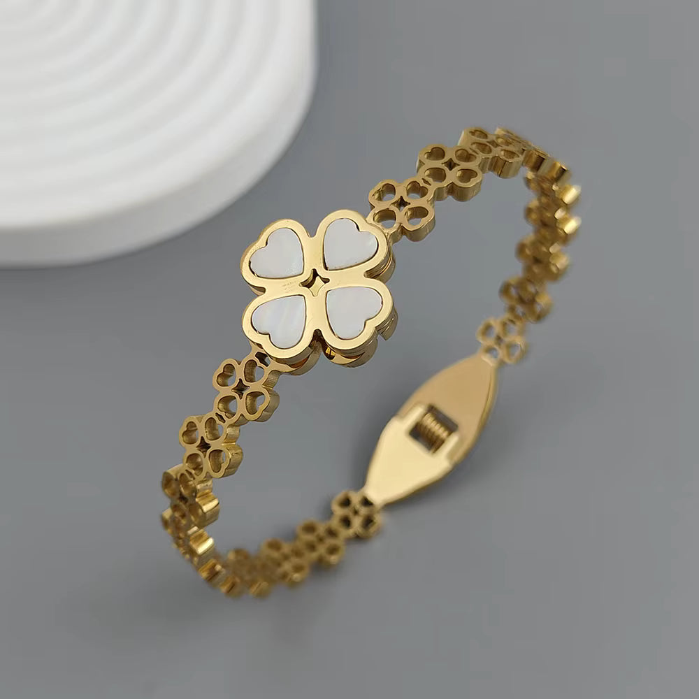 Gold Clover Bangle Bracelet – White Flower Stainless Steel Hinged Bracelet for Women