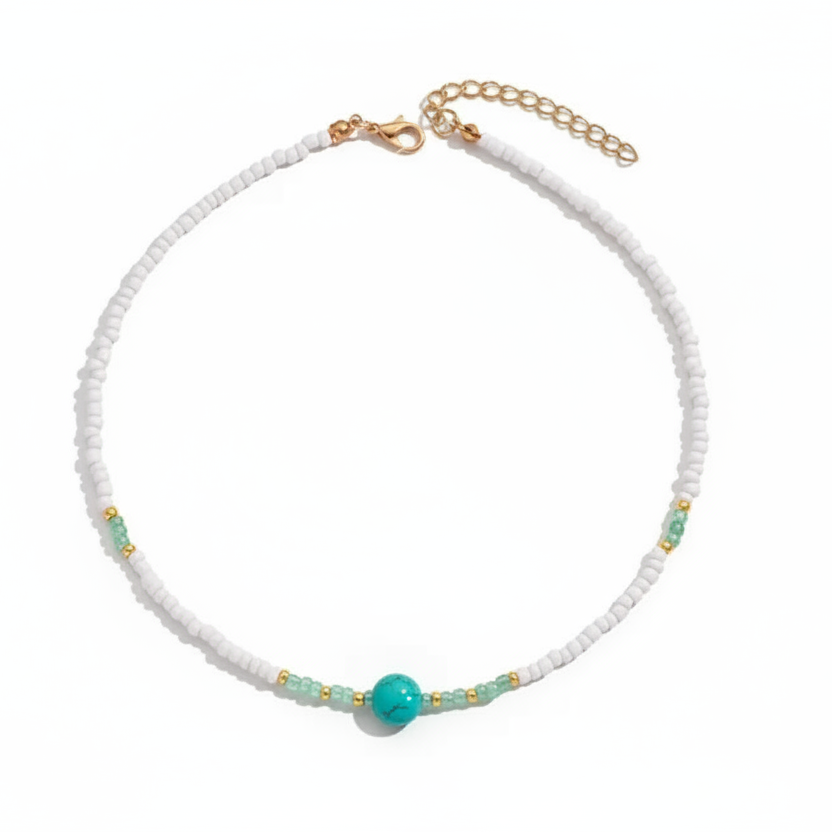 White Beaded Necklace with Green Stone – Minimalist Gold Accent Jewellery