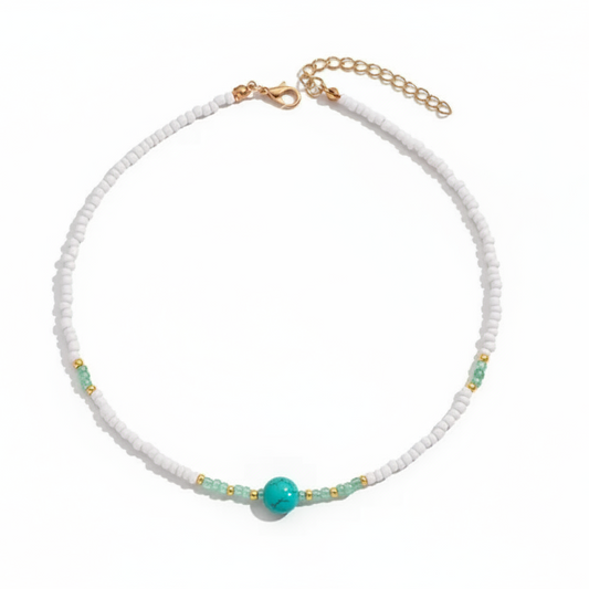 White Beaded Necklace with Green Stone – Minimalist Gold Accent Jewellery