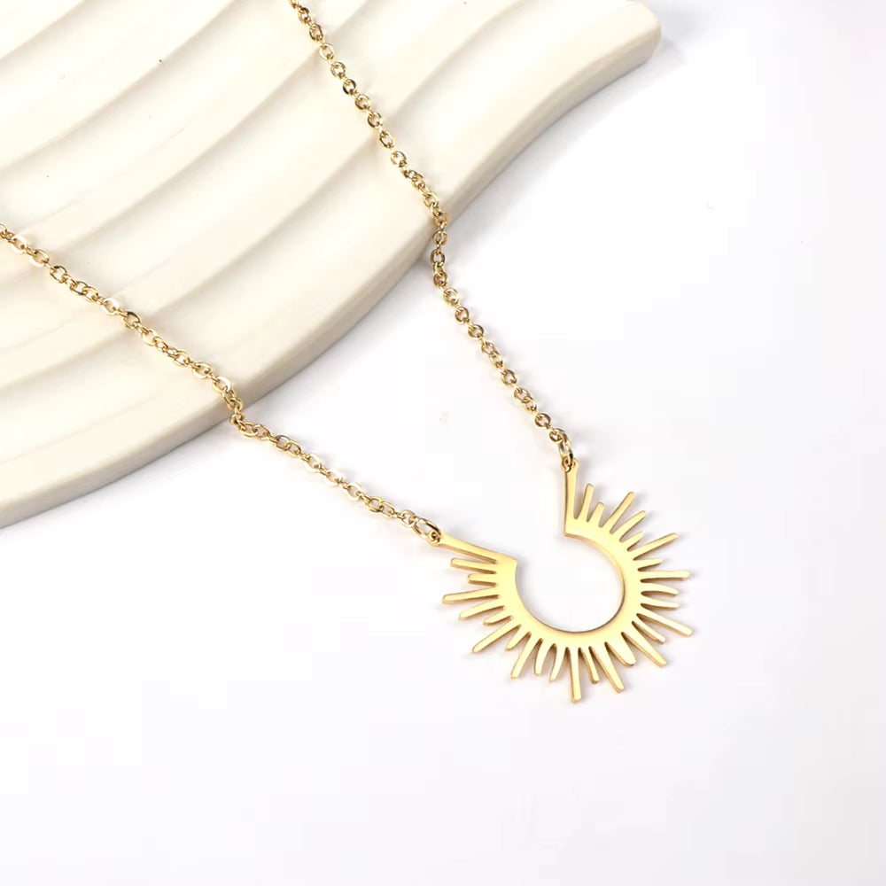 18k Gold Plated Stainless Steel Sunburst Necklace & Hoop Earrings Set
