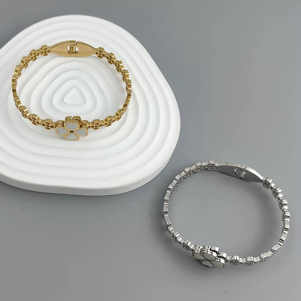 Gold Clover Bangle Bracelet – White Flower Stainless Steel Hinged Bracelet for Women