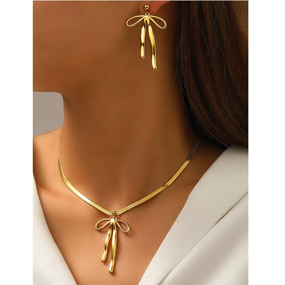 Gold Bow Pendant Necklace & Matching Drop Earrings Set – Elegant Minimalist Jewellery Set